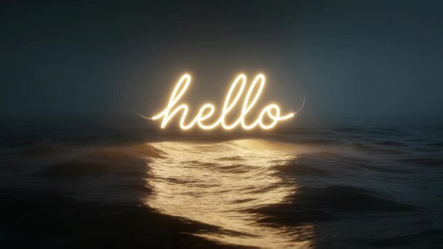Illuminated hello sign over calm ocean waves at night