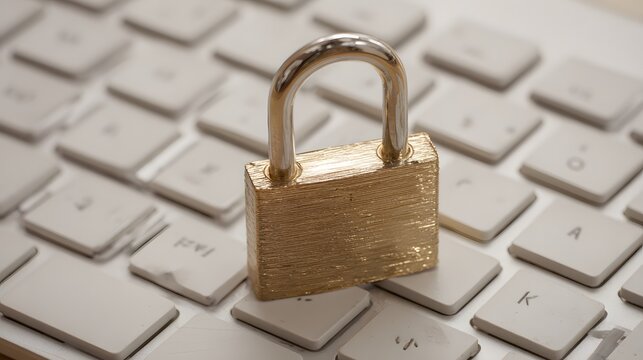 Closed metal padlock rests upon the surface of a computer input device keyboard