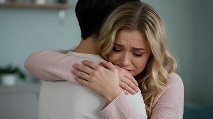 Emotional Support: A Woman Crying While Being Comforted by a Man in a Heartfelt Embrace - Powered by Adobe