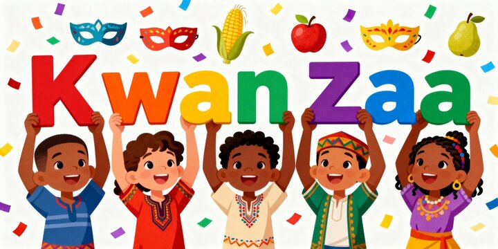 A diverse group of happy children celebrating Kwanzaa by holding colorful letters. Kids in festive attire for the African American holiday. Cultural unity and harvest festival illustration