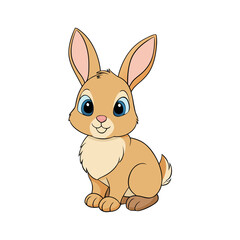 Cute cartoon brown bunny rabbit with big blue eyes sitting on white background