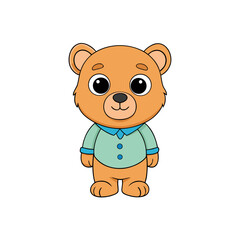 Cute cartoon brown bear wearing a light blue collared shirt with buttons