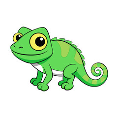 Cute cartoon green chameleon with big yellow eyes and a curled tail