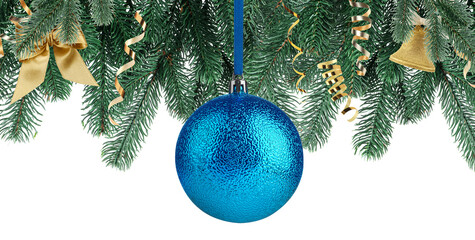 Christmas ball and fir tree branches with ornaments on white background. Banner design