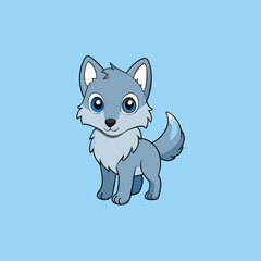 Adorable cartoon baby wolf with big blue eyes on a light blue background