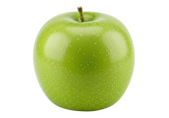 Isolated Granny Smith apple, fresh, shiny, smooth green skin, short brown stem, healthy food