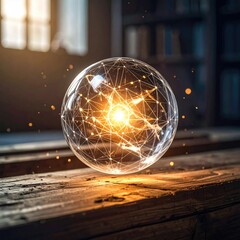 Abstract glowing sphere with intricate network connections symbolizing data and technology.