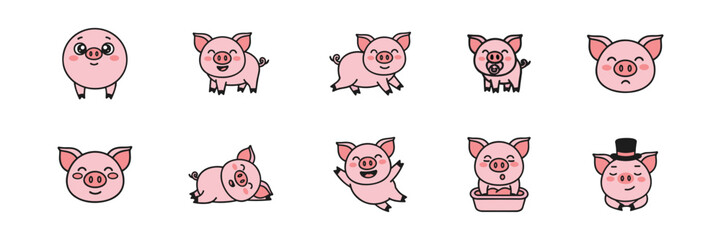 Obraz premium Pig Character Set with Ten Cartoon Style Illustrations