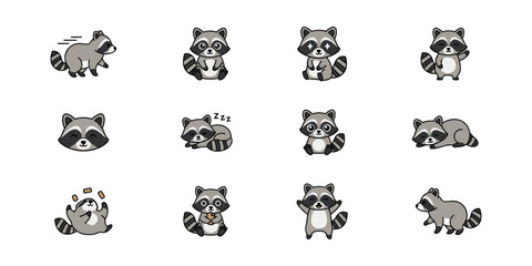Set of Twelve Cute Cartoon Raccoon Characters