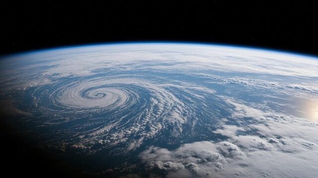 Hurricane Swirl Seen from Space Above Earth's Atmosphere with Starry Sky storm cyclone
