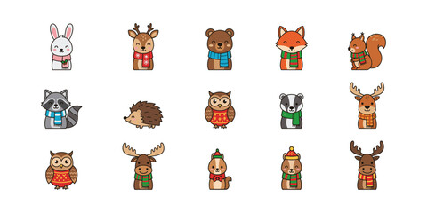 Fototapeta premium Cute Winter Animals Cartoon Grid
