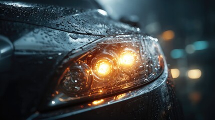 Rainy Night Automobile: A sleek car headlight glows brightly in the rain. Water droplets glisten on the dark exterior, the blurred background hint a city scape