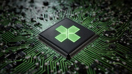 Close-Up View of a Computer Chip with Green Illuminated Design on Complex Circuit Board Background Detailing Modern Technology and Innovation
