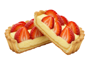 Isolated strawberry tart sections on a neutral surface, cut dessert food photography image