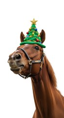 horse wearing a Christmas tree hat, holiday animal graphic, on a white background
