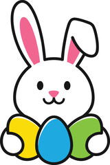 Adorable Easter bunny holding colorful decorated eggs, spring holiday celebration, cheerful cartoon rabbit character, festive illustration, cad drawing flat vector illustration