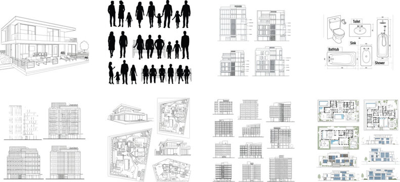 Architectural drawings building plans and human silhouettes