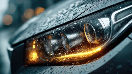 Illuminated Headlight: An eye-level shot captures the sharp details of a car's headlight during rainfall, showcasing the play of light on the droplets and body. 