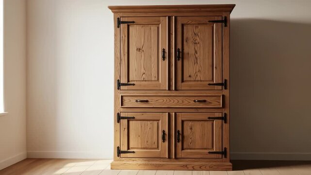 Rustic wood armoire with drawers and cabinet doors, against a neutral wall