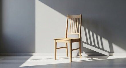 Empty Wooden Chair with Sunlight on Grey Wall