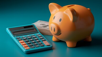 Ceramic piggy bank rests beside a modern calculator and stack of currency on a deep cyan surface