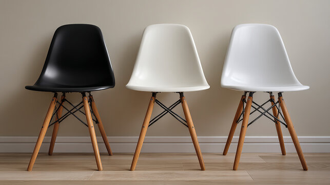 Three eames style chairs in black white and off white against a wall