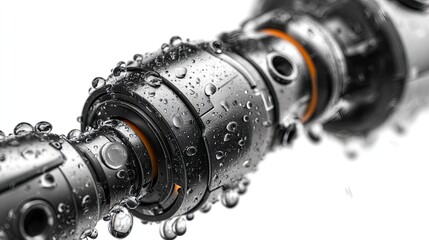 Industrial Precision: Intricate details of industrial machinery gleam with a metallic sheen, accented by glistening water droplets. A striking display of engineering.