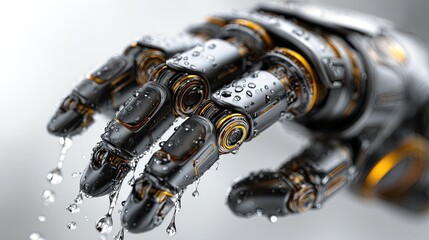 Mechanized Touch: A hyper-realistic image of a robotic hand, glistening with water droplets. The intricate details of the metal and gears, symbolize technological advancements.