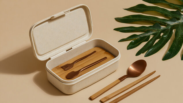 Stylish reusable cutlery set in a portable case with bamboo chopsticks and copper spoon and fork