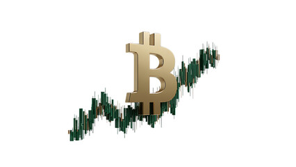 Obraz premium Golden Bitcoin symbol with rising graph, symbolizing financial growth and digital currency potential on a transparent background.