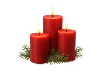 Three red advent candles burning with a bright flame, creating a warm glow, surrounded by pine branches, on a transparent background