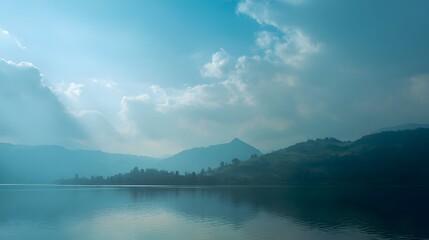 Serene body of water reflects hazy, layered mountain silhouettes under a bright, cloudy sky