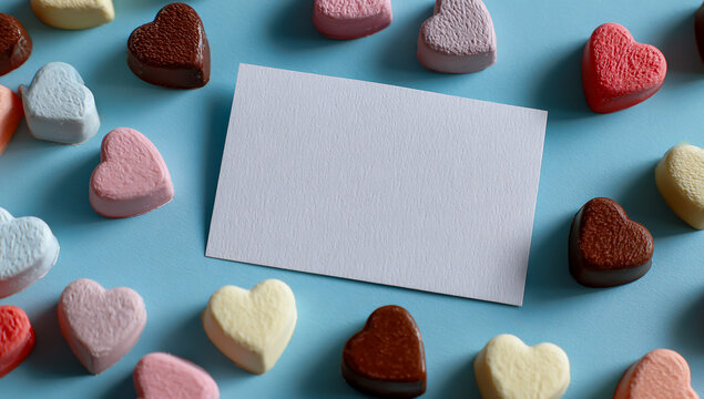 Blank square card surrounded by colorful heart shaped candies on a light blue background