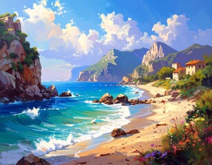 Coastal Scene Sunny Beach and Cliffs