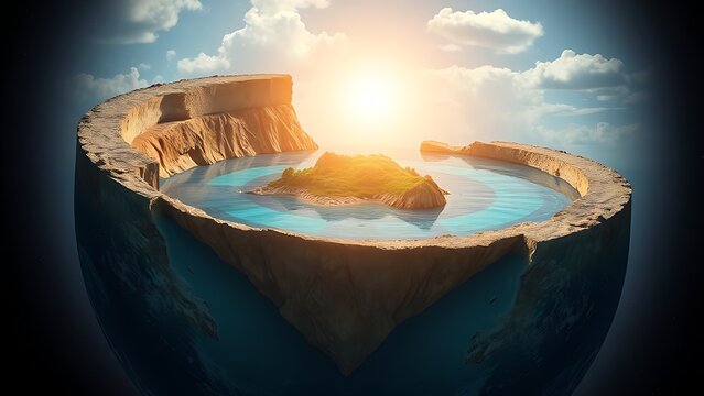 cutaway. A cutaway Earth core reveals an azure ocean with floating islands, defying natural laws. travel magazines, destination branding, designed for travel destination branding.