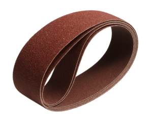Aluminum oxide abrasive belt for versatile material removal on wood and metal.