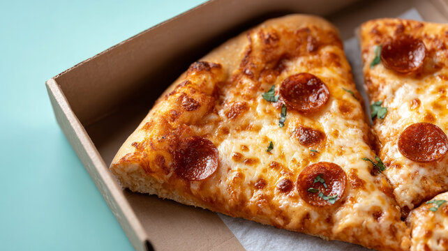 Pepperoni pizza slice in a cardboard box on a light background.