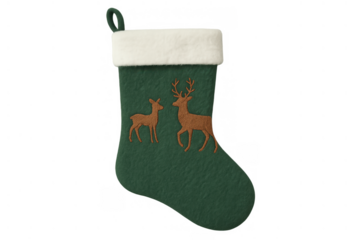 Green felt christmas stocking decorated with two brown reindeer. White faux fur cuff and hanging loop, symbolizing festive season, gifts, and winter