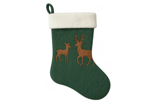 Green felt christmas stocking decorated with two brown reindeer. White faux fur cuff and hanging loop, symbolizing festive season, gifts, and winter