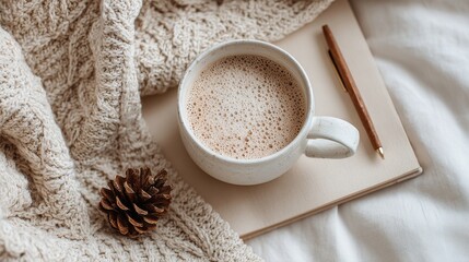 A cozy scene featuring a warm cup of coffee on a soft blanket, accompanied by a pinecone and a notebook with a pen.