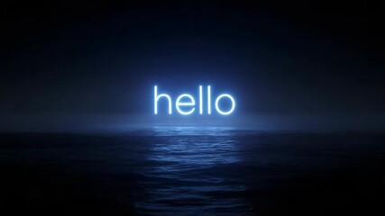 Glowing neon hello sign above tranquil ocean at night - Powered by Adobe