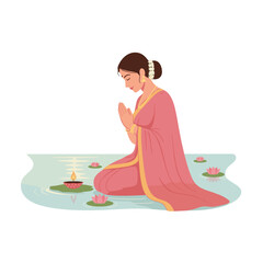 Peaceful Woman in Pink Saree Offers Prayers by Tranquil Water with Lotus Flowers and a Diya Lamp Casting a Gentle Glow