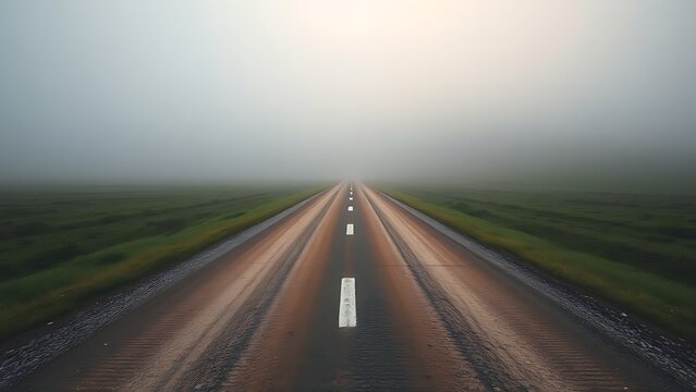 wayfarer. A misty forked road in a serene landscape, symbolizing life's choices and new beginnings. travel magazines, destination branding, designed for outdoor magazines and nature guides.