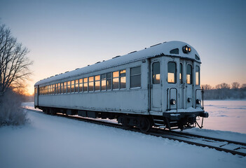 Snow-Covered Train Car at Sunset