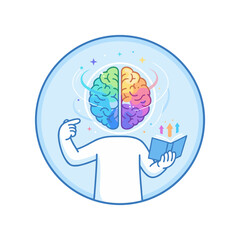 Pixel Art Representation Of A Colorful Brain With Two Halves Representing Different Ideas And Knowledge With A Figure Reading A Book Illustrating Learning And Intelligence On A White Background
