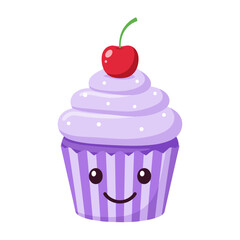 Pixelated Cartoon Cupcake With Cherry and Purple Frosting on a Black Background
