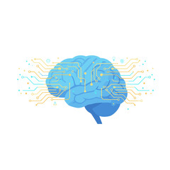 Pixelated Blue Brain With Orange and Blue Circuitry and Glowing Lights on Black Background Representing Artificial Intelligence And Technology