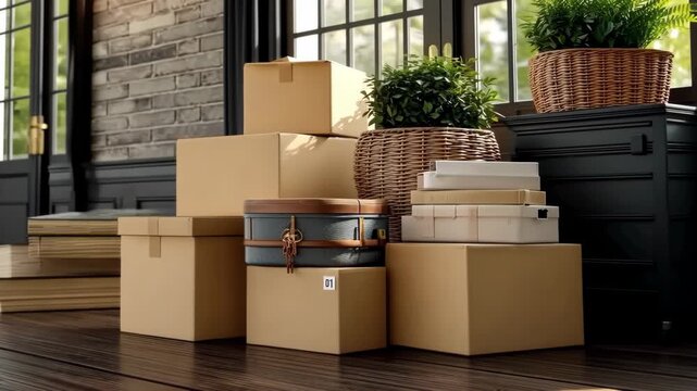 Organizing boxes and luggage in a cozy home setting during daylight hours