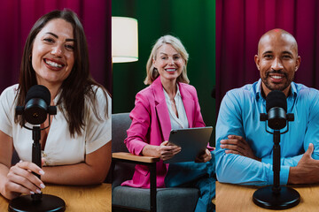 Content creators broadcasting live podcast interview using microphones