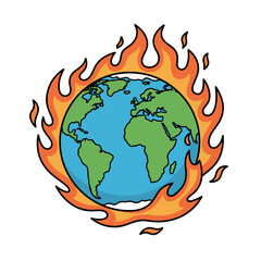 Planet Earth engulfed in flames representing global warming and environmental crisis with continents visible on blue and green sphere surrounded by orange fire and black background